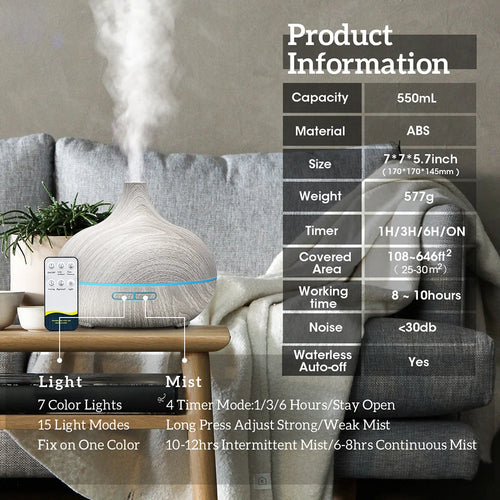 Humidificador de aire con difusor de aceites esenciales de 500 ml, luces, control remoto y difusor eléctrico de aromaterapia.