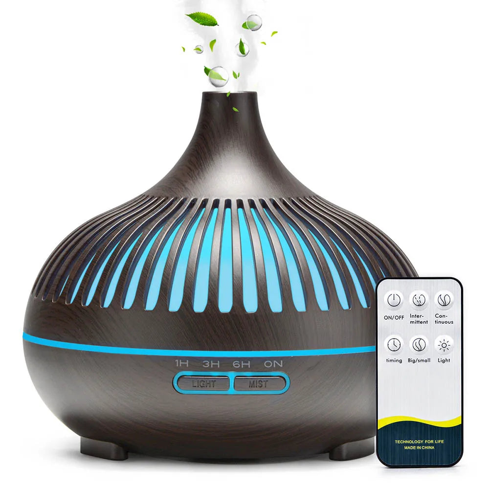 Humidificador de aire con difusor de aceites esenciales de 500 ml, luces, control remoto y difusor eléctrico de aromaterapia.