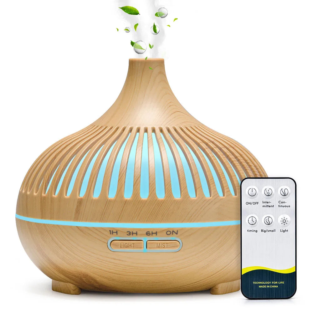 Humidificador de aire con difusor de aceites esenciales de 500 ml, luces, control remoto y difusor eléctrico de aromaterapia.