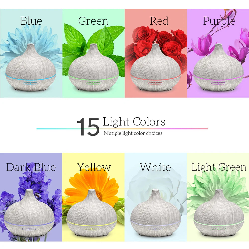 Humidificador de aire con difusor de aceites esenciales de 500 ml, luces, control remoto y difusor eléctrico de aromaterapia.