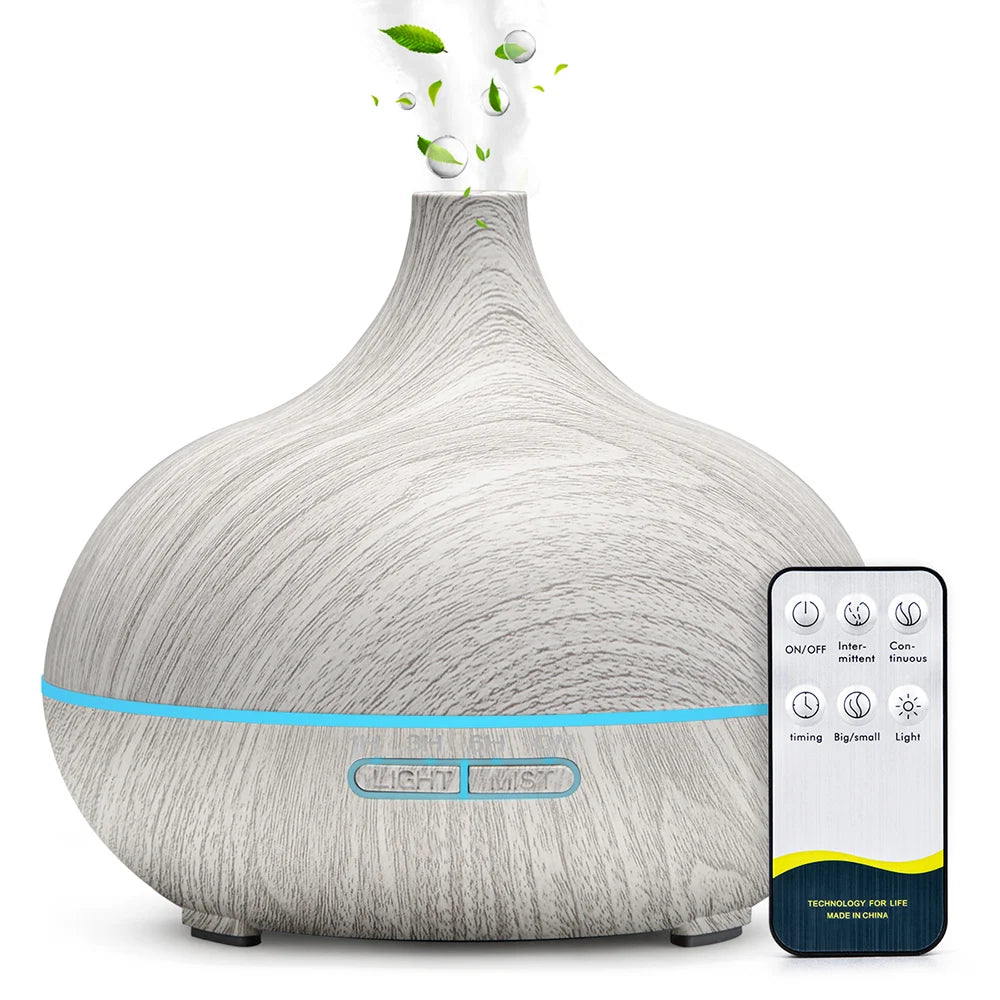 Humidificador de aire con difusor de aceites esenciales de 500 ml, luces, control remoto y difusor eléctrico de aromaterapia.
